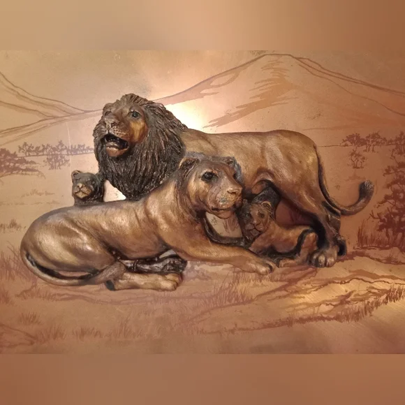 Mid Century Modern Copper Wood Look African Lion Lioness Cubs Family 3D Picture